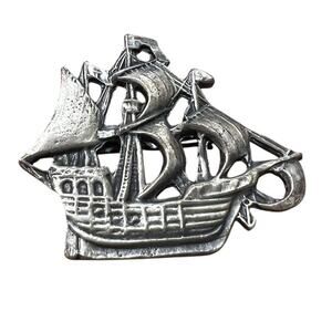 Vintage Pirate Sail Ship Nautical Brooch Lapel Pin Pendant Silver Tone